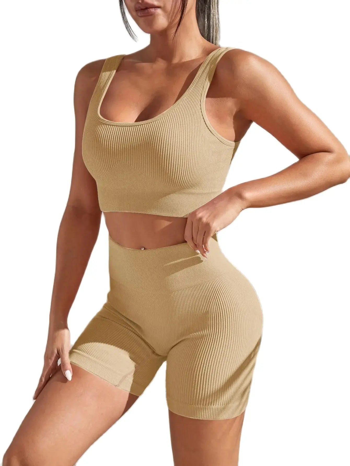 Conjunto fitness para mulheres sem costura com rápida absorção de umidade e cintura alta